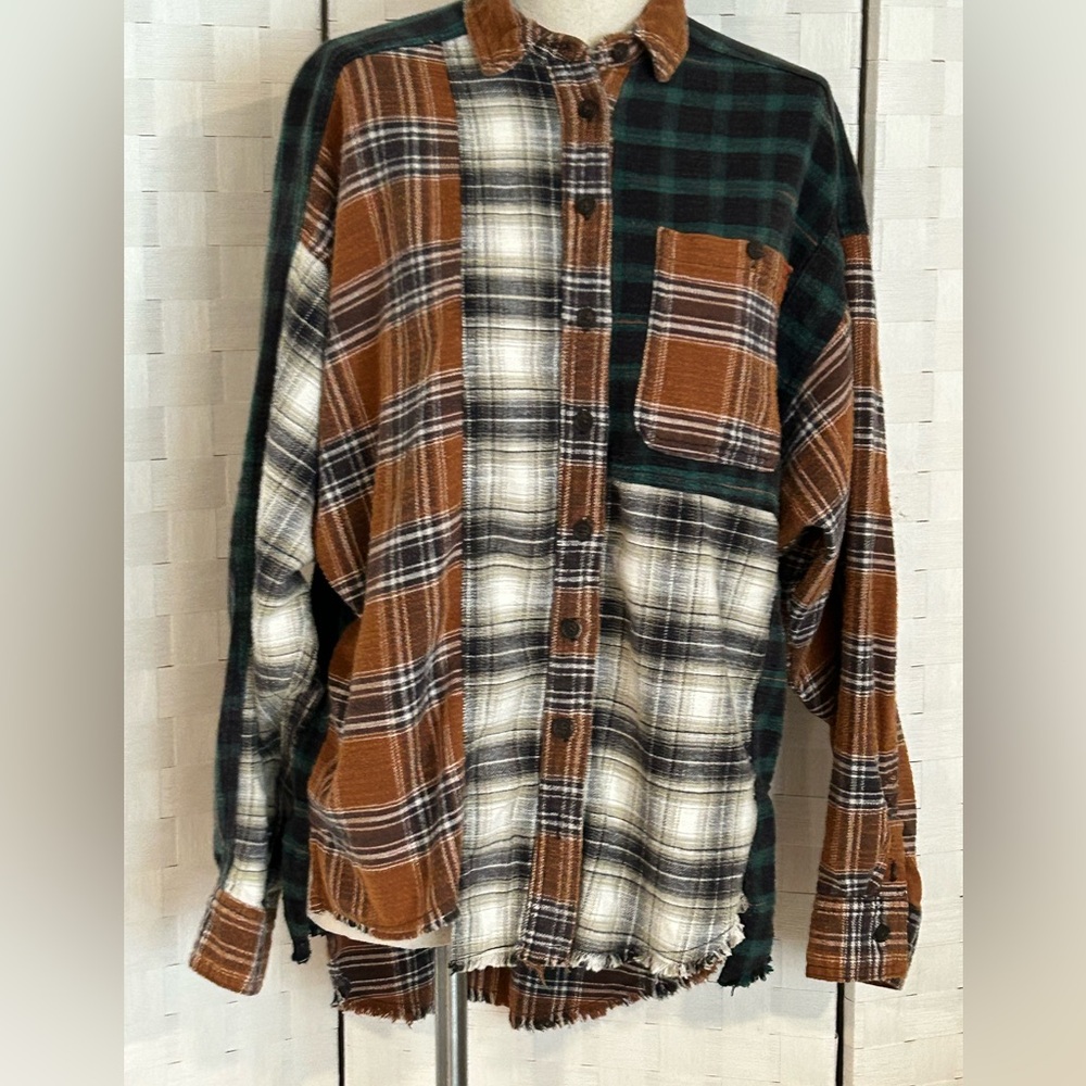 Bdg Patchwork Plaid Button Down Shirt Xs Brown Gr… - image 5